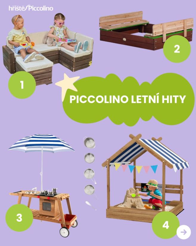 ☀️ Letní hity od Piccolina, které děti nebudou chtít opustit! Od stylového pískoviště po dřevěnou kuchyňku se slunečníkem,...